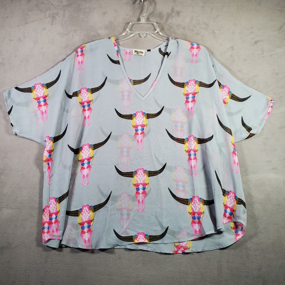 Show Me Your Mumu Top Womens XS Longhorn Cow Skull Print Sheer Southwest Artsy